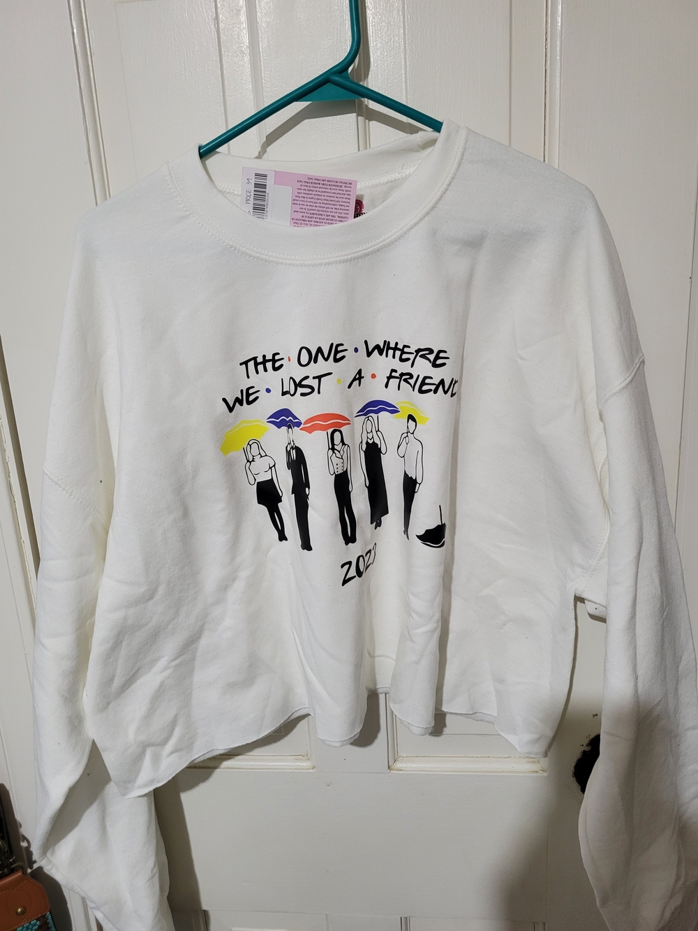 FRIENDS White Graphic Cropped Memorial Sweatshirt with Multicolor Umbrella Print